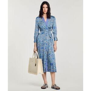 B39 Sandro Wrap Floral Midi Dress Medium Boho Cottagecore French Girl Garden